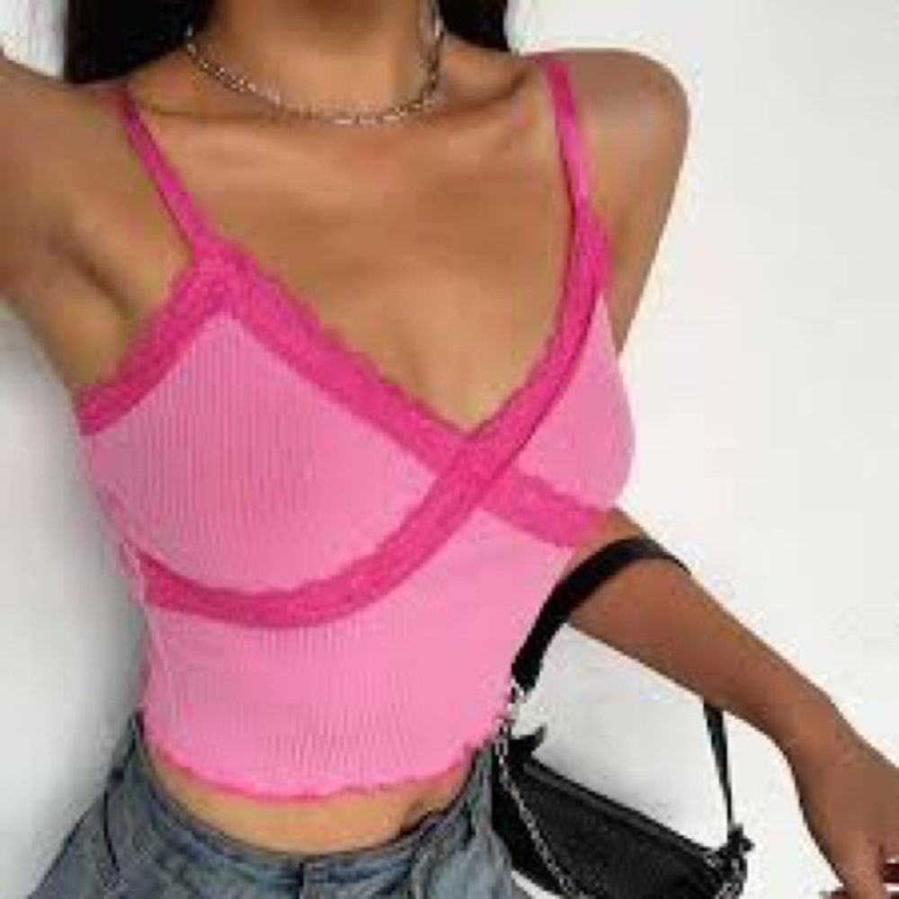 ArtSu Lace Cute Pink Crop Top Women Y2K Casual Sleeveless Spaghetti Strap Top